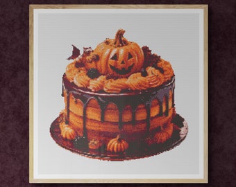 Halloween Cake decorated with Pumpkins. Watercolor illustration made with autumn colors. Counted Cross Stitch PDF Pattern. Hand Embroidery.