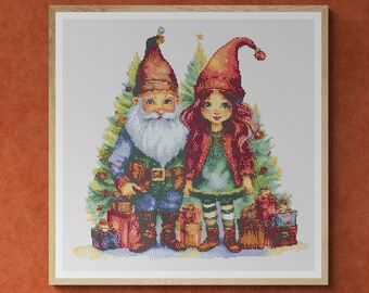 Cute Gnome Couple with Christmas Tree and Present Boxes in Colorful Watercolor painting. Counted Cross Stitch PDF Pattern. Hand Embroidery.