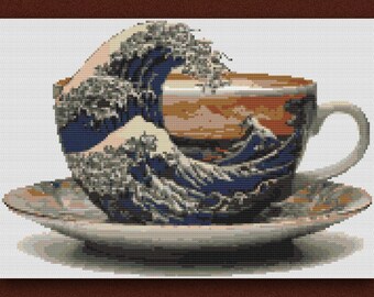 Hokusai's The Great Wave at Kanagawa (1760-1849) over the coffee cup. Small Counted Cross Stitch PDF Pattern. Hand Embroidery.