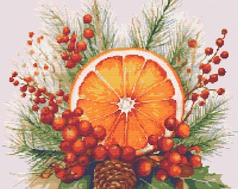 Christmas decoration dried orange slices, pine pins and red berries. Watercolor Painting. Counted Cross Stitch PDF Pattern. Hand Embroidery.