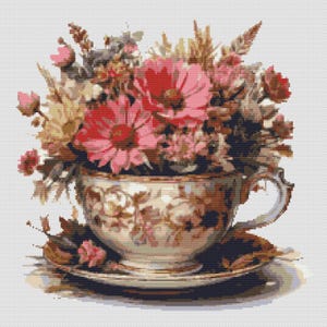 Flores silvestres colocadas en una taza de porcelana blanca con estampado floral. Estilo de pintura de acuarela. Patrón de punto de cruz en PDF. Bordado a mano.