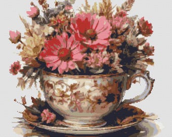 Wildflowers placed in a floral patterned white porcelain cup. Watercolor painting style. Counted Cross Stitch PDF Pattern. Hand Embroidery.