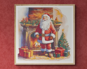 Santa Claus in front of a Fireplace with Christmas tree and gift boxes. Watercolor style. Counted Cross Stitch PDF Pattern. Hand Embroidery.
