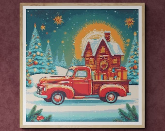 Red retro truck with presents. Farmhouse and Christmas Tree in snowy weather. Watercolor. Counted Cross Stitch PDF Pattern. Hand Embroidery.