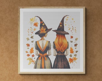 Two Witches with autumn leaves in Halloween. Watercolor illustration in fall colors. Counted Cross Stitch PDF Pattern. Hand Embroidery.