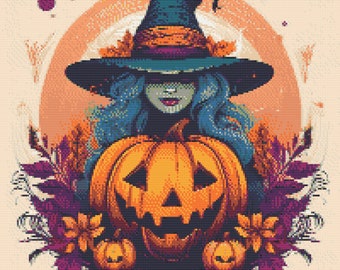 Cute Witch with carved Halloween Pumpkin. Watercolor illustration made with fall colors. Counted Cross Stitch PDF Pattern. Hand Embroidery.