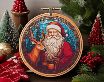 Santa Claus and reindeer with Christmas ornaments. Stained glass style illustration. Counted Cross Stitch PDF Pattern. Hand Embroidery.