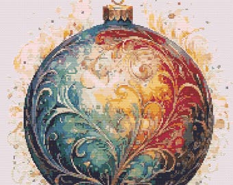 Shiny Ball as Christmas Ornament in baroque style with splashes. Watercolor Painting. Counted Cross Stitch PDF Pattern. Hand Embroidery.