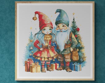 Cute Gnome Couple with Christmas Tree and Present Boxes in Colorful Watercolor painting. Counted Cross Stitch PDF Pattern. Hand Embroidery.