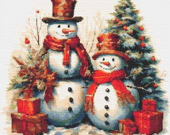 Snowmen with Red Hat and Scarf Christmas Tree and gift boxes. Watercolor Painting. Counted Cross Stitch PDF Pattern. Hand Embroidery.