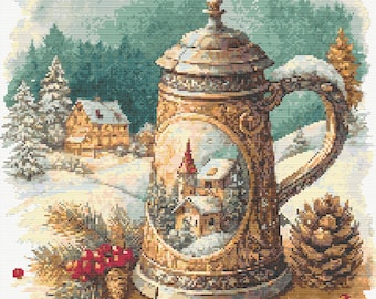 A German Beer Stein Mug in winter landscape. Christmas themed Watercolor painting. Counted Cross Stitch PDF Pattern. Hand Embroidery.
