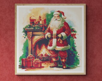 Santa Claus in front of a Fireplace with Christmas tree and gift boxes. Watercolor style. Counted Cross Stitch PDF Pattern. Hand Embroidery.