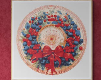Christmas Wreath Decorated with red and blue berries and red ribbon. Watercolor Painting. Counted Cross Stitch PDF Pattern. Hand Embroidery.