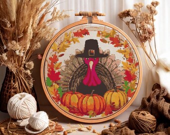 Thanksgiving Day Turkey with pilgrim hat, Pumpkins and Autumn leaves. Watercolor cartoon. Counted Cross Stitch PDF Pattern. Hand Embroidery.