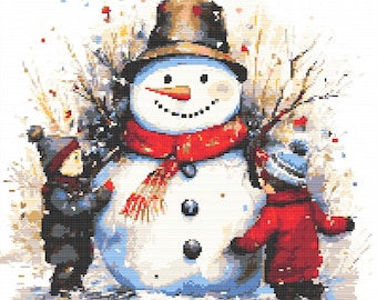 Happy Little Children playing with Snowman. Christmas mood. Watercolor Painting. Counted Cross Stitch PDF Pattern. Hand Embroidery.