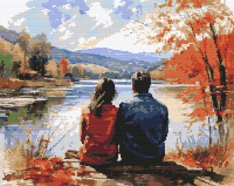 Young couple sitting by the lake enjoying the autumn. Watercolor Painting. Fall Colors. Counted Cross Stitch PDF Pattern. Hand Embroidery.