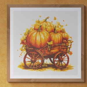 Thanksgiving Day-pompoenen op een vintage kar. Aquarel gemaakt met herfstkleuren. Geteld kruissteek PDF-patroon. Handborduurwerk.