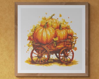 Thanksgiving Day pumpkins on a vintage cart. Watercolor Painting made with autumn colors. Counted Cross Stitch PDF Pattern. Hand Embroidery.