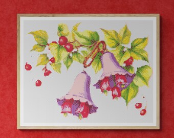 Two Lilac Bellflowers. Christmas Ornament with Berries and Red Ribbon. Watercolor Style. Counted Cross Stitch PDF Pattern. Hand Embroidery.