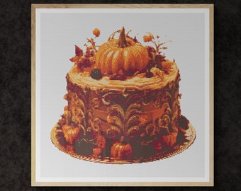 Halloween Cake decorated with Pumpkins. Watercolor illustration made with autumn colors. Counted Cross Stitch PDF Pattern. Hand Embroidery.