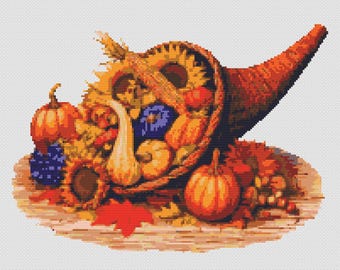 Thanksgiving Day Cornucopia, Pumpkins, Sunflowers and Autumn leaves. Watercolor painting. Counted Cross Stitch PDF Pattern. Hand Embroidery.