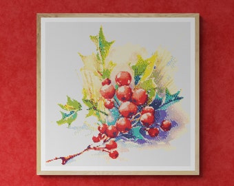 Christmas Bouquet with Leaves and Red Berries. Watercolor Painting in Christmas Colors. Counted Cross Stitch PDF Pattern. Hand Embroidery.