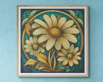 Daisy Bouquet. Colorful. Illustration. Art Nouveau Style. Counted Cross Stitch PDF Pattern, PDF for Diamond Painting and Pattern Keeper.