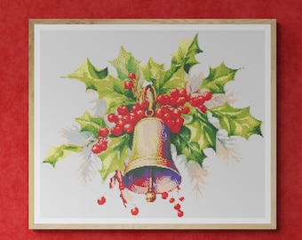Shiny Bell as Christmas Ornament with Leaves, Berries and Red Ribbon. Watercolor Style. Counted Cross Stitch PDF Pattern. Hand Embroidery.