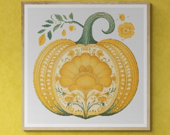 Floral Decorated Pumpkin Thanksgiving Day. Watercolor painting made with autumn colors. Counted Cross Stitch PDF Pattern. Hand Embroidery.