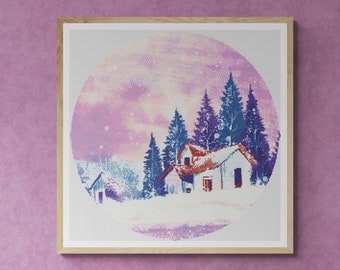 Winter Landscape. Small House in Pine Forest. Watercolor painting. Counted Cross Stitch PDF Pattern. Hand Embroidery.