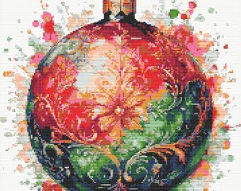 Shiny Ball as Christmas Ornament in baroque style with splashes. Watercolor Painting. Counted Cross Stitch PDF Pattern. Hand Embroidery.