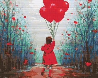 Young girl in red coat with red baloons. Autumn Leaves in Rainy day. Watercolor Painting. Counted Cross Stitch PDF Pattern. Hand Embroidery.