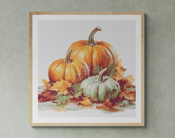 Thanksgiving day Pumpkins with fall leaves. Watercolor painting made with autumn colors. Counted Cross Stitch PDF Pattern. Hand Embroidery.