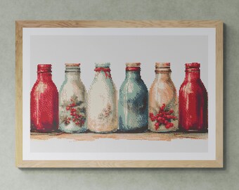 Colorful Milk Bottles decorated with christmas theme in hand drawn Watercolor painting. Counted Cross Stitch PDF Pattern. Hand Embroidery.
