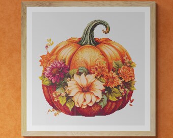 Floral Decorated Pumpkin Thanksgiving Day. Watercolor painting made with autumn colors. Counted Cross Stitch PDF Pattern. Hand Embroidery.