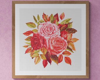 Beatiful Rose bouquet with autumn leaves. Hand drawn watercolor painting in fall colors. Counted Cross Stitch PDF Pattern. Hand Embroidery.