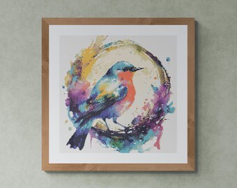 Fantastic Colorful Bird with Branch Frame. Watercolor Style. Counted Cross Stitch PDF Pattern, PDF for Diamond Painting and PatternKeeper.