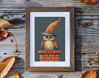 Owl with pilgrim hat standing on brick chimney in night. Watercolor cartoon. Fall colors. Counted Cross Stitch PDF Pattern. Hand Embroidery.