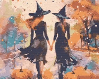 Two Witches with carved Halloween Pumpkin. Watercolor illustration made with fall colors. Counted Cross Stitch PDF Pattern. Hand Embroidery.