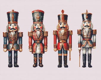 Christmas nutcracker tin soldier set. Christmas decoration. Watercolor illustration based Counted Cross Stitch PDF Pattern. Hand Embroidery.