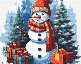 Snowman with Red Hat and Scarf Christmas Tree and gift boxes. Watercolor Painting. Counted Cross Stitch PDF Pattern. Hand Embroidery.
