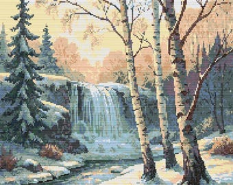 Winter Landscape. Birch trees and waterfall on a snowy sunset. Watercolor painting. Counted Cross Stitch PDF Pattern. Hand Embroidery.