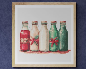 Colorful Milk Bottles decorated with christmas theme in hand drawn Watercolor painting. Counted Cross Stitch PDF Pattern. Hand Embroidery.