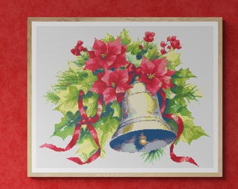 Shiny Bell as Christmas Ornament with Leaves, Flowers and Red Ribbon. Watercolor Style. Counted Cross Stitch PDF Pattern. Hand Embroidery.