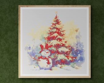 Cute Snowman Red Hat and Scarf. Christmas Tree. Watercolor. Counted Cross Stitch PDF Pattern, PDF for Diamond Painting and Pattern Keeper.