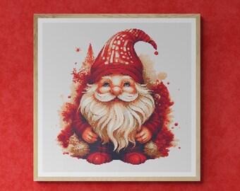 Cute Gnome in Santa Claus costume with decorated red Christmas tree. Watercolor Painting. Counted Cross Stitch PDF Pattern. Hand Embroidery.