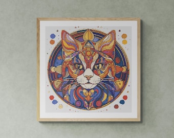 Stylized Cat Illustration. Hand Drawn Colorful Poster. Counted Cross Stitch PDF Pattern, PDF for Diamond Painting and Pattern Keeper.