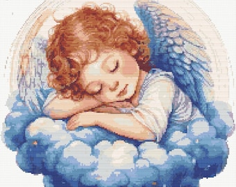 A beautiful angel sleeping on the clouds in happy and peaceful mood. Watercolor Painting. Counted Cross Stitch PDF Pattern. Hand Embroidery.