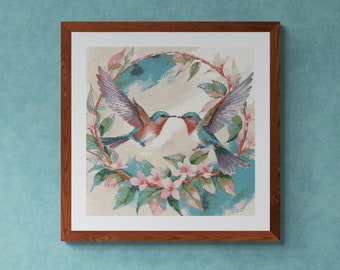 Two Colorful Humingbirds #19 with Blossoms. Watercolor Style. Counted Cross Stitch PDF Pattern, PDF for Diamond Painting and PatternKeeper.