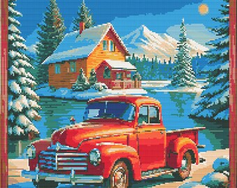 Red retro truck and a wooden cottage by the lake. Winter landscape. Watercolor Painting. Counted Cross Stitch PDF Pattern. Hand Embroidery.